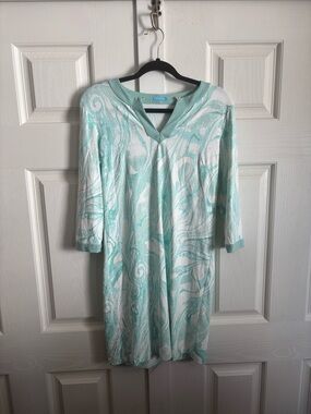 J. McLaughlin Small Aqua & White Swirl V-Neck Tunic Dress